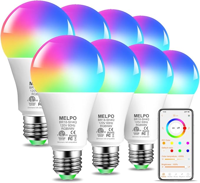 A19 Smart RGB Light Bulbs 8 Pack Bluetooth WiFi Color Changing LED Bulbs Alexa Compatible 130W Equivalent