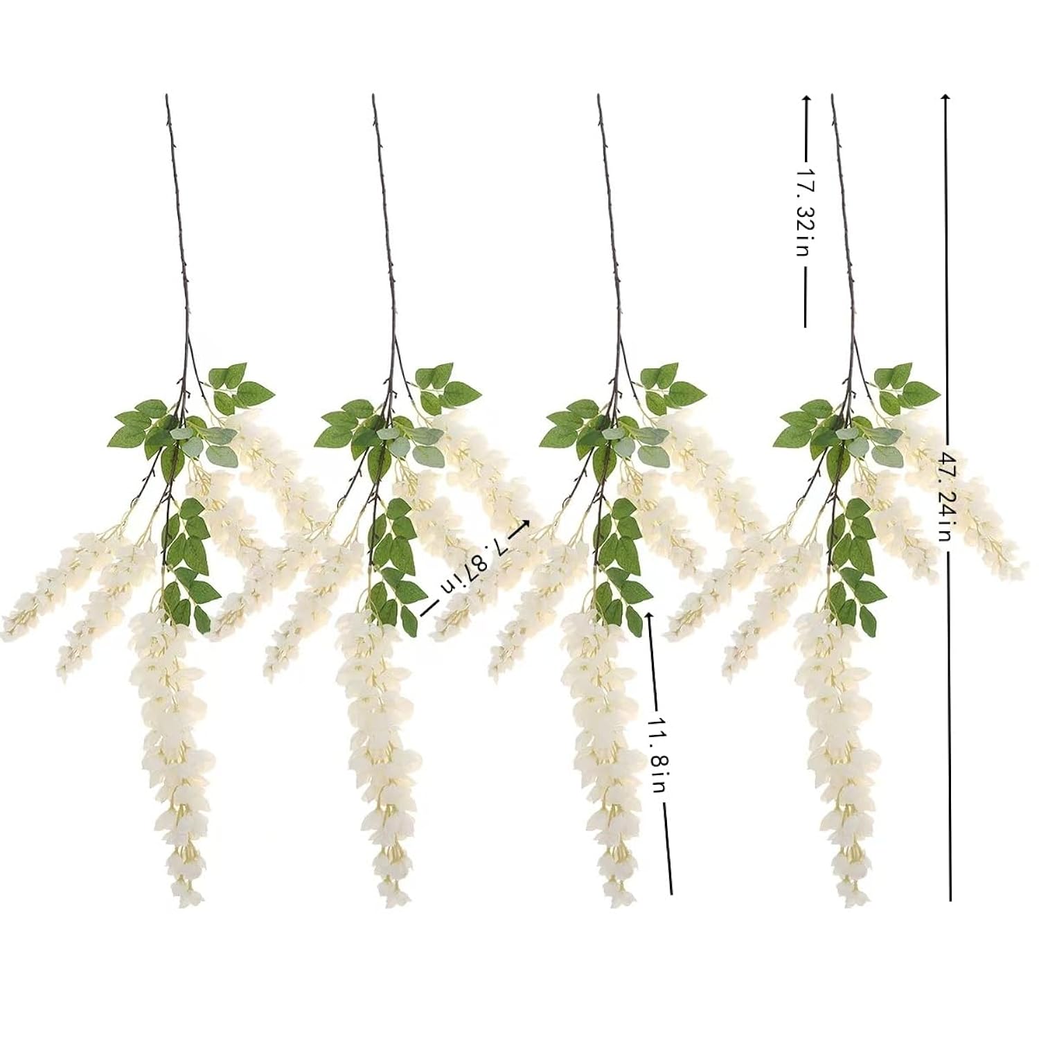 4Pcs 47.2-Inch Artificial Fake Wisteria Hanging Flower Garland Silk Flower String Home Party Decoration White Blue Pink Purple (White)