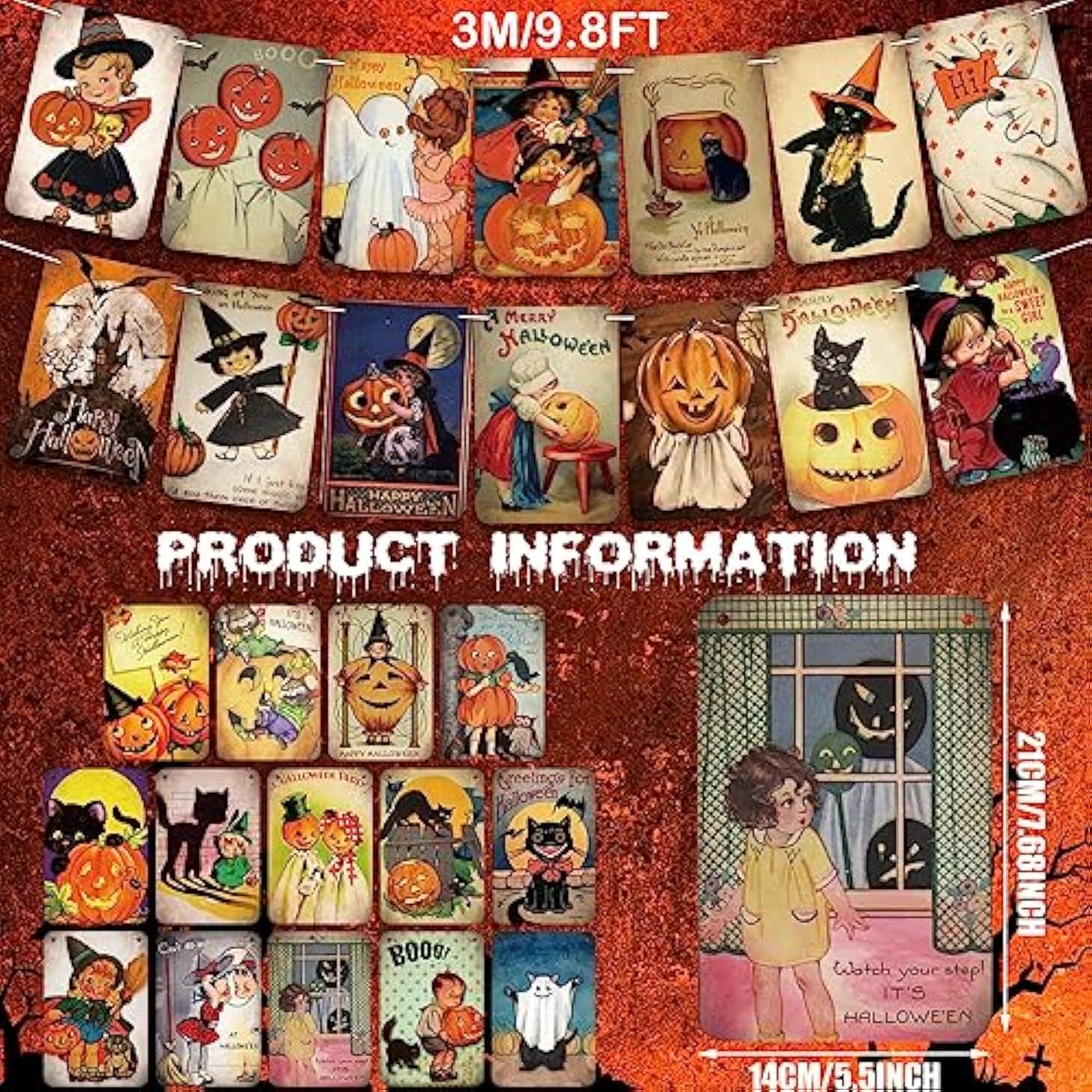 Vintage Halloween Banner Set with Pumpkin Witch Cat Bunting Garland for Party Wall Decor