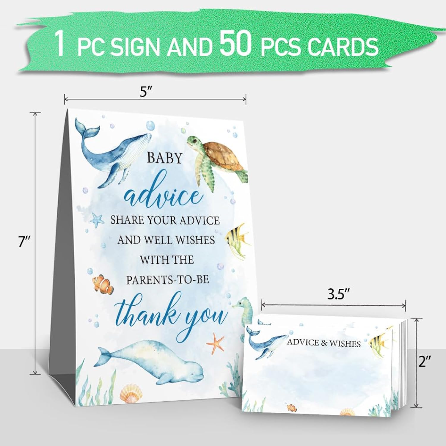 Baby Shower Advice Cards Sign For Parents To Be(1 Standing Sign-50 Guessing Cards) Sea Turtle Seahorse Fish Whale Advice For New Parents Baby Shower, Wishes For Baby Cards Party Activities Game-43