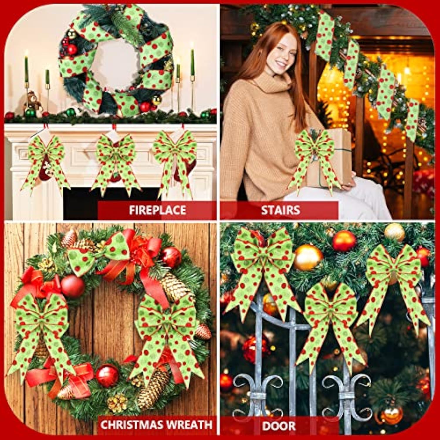 4 Rolls 24 Yard Christmas Green Red Dot Ribbons, 4 Sizes Glitter Wired