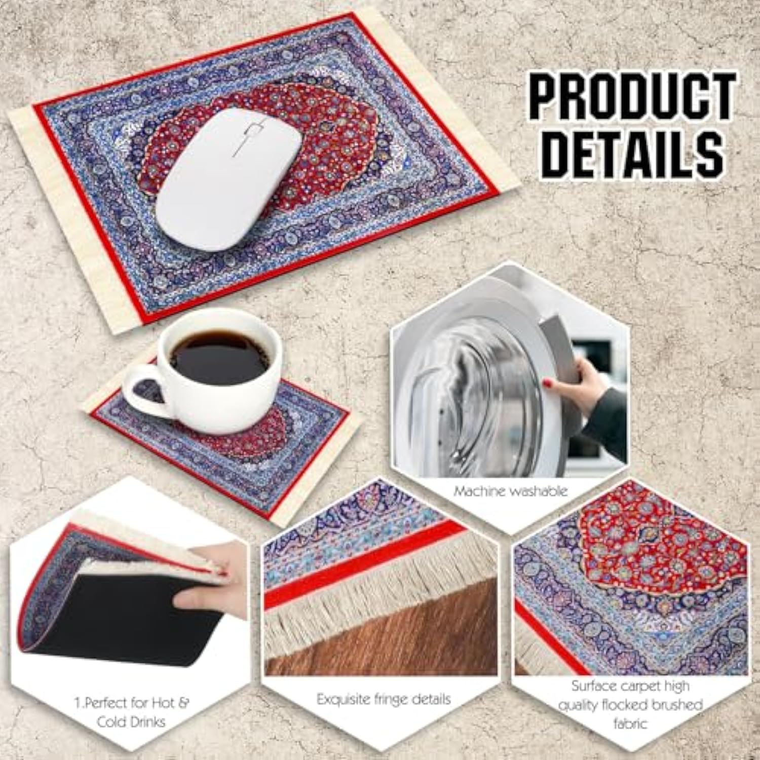 4 Pcs Vintage Mini Mouse Pad Coasters Oriental Mousepad Floral Style Funny Desk Mat Coasters Graduation Gift For Boho Doll House Rug With Anti Slip Rubber Base For Desk(Classic Style)