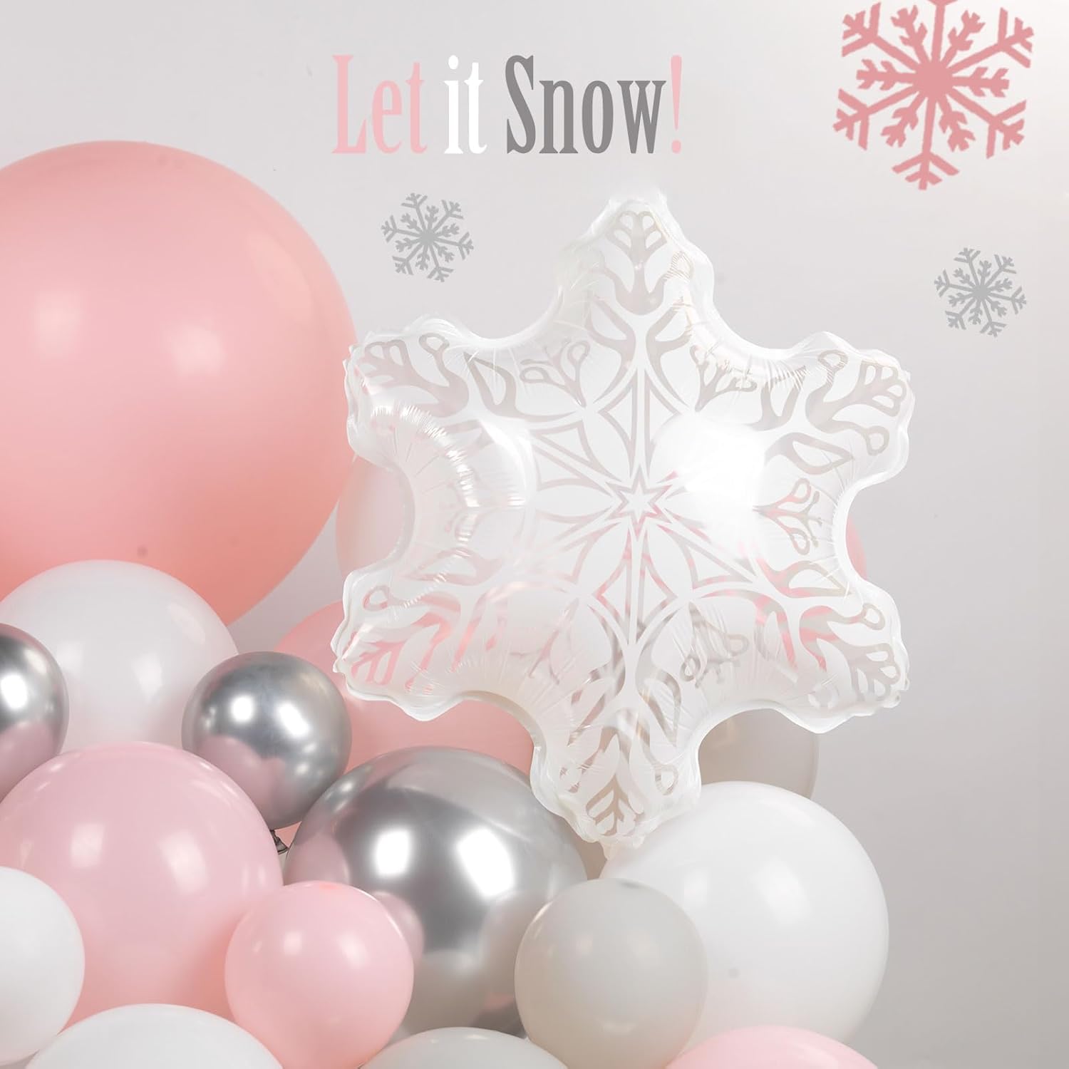 Pastel Pink Winter Balloon Garland Arch Kit 125 Pcs With Light Gray White Silve Snowflakes And Mylar Star Balloons For Winter Birthday Baby Shower 2025 New Year Christmas Anniversary Party Decorations