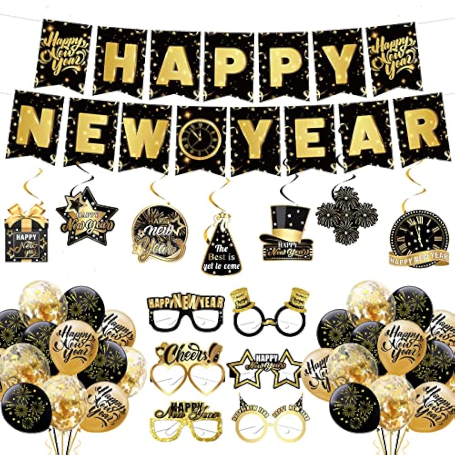 2026 New Year Party Set in Gold and Black with Banner, Balloons, and Props