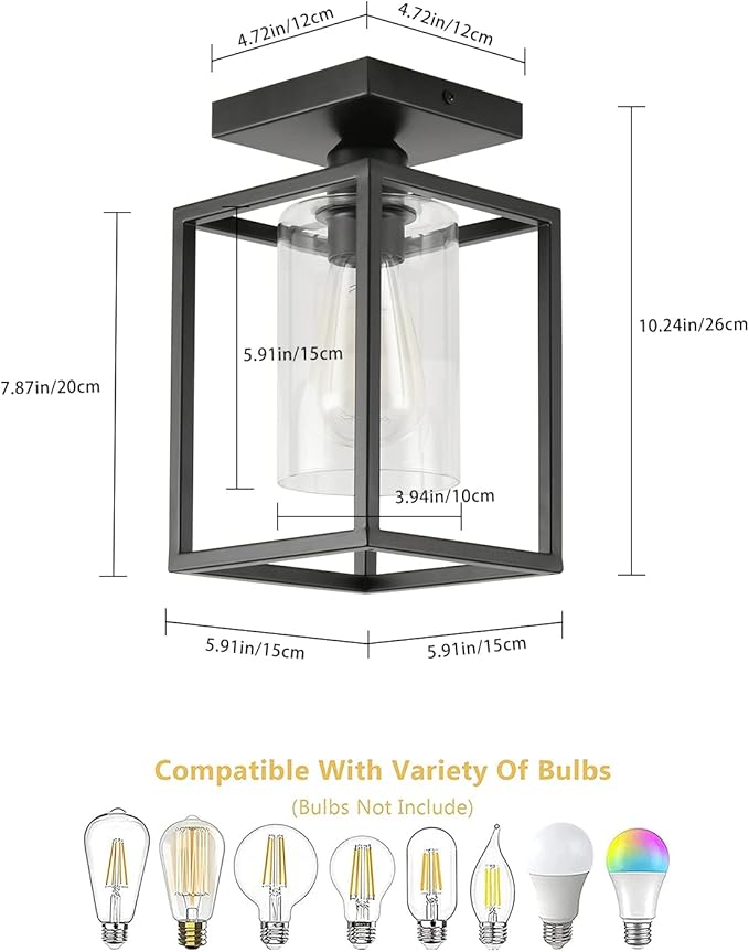 2 Pack Farmhouse Semi Flush Mount Ceiling Lights Black Metal Frame with Clear Glass