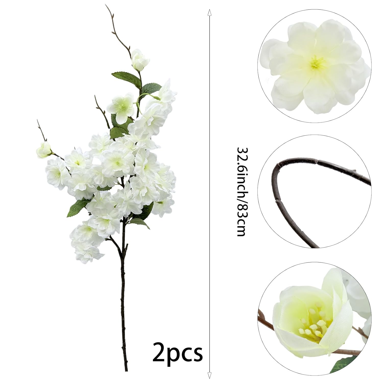 2Pcs Artificial Cherry Blossom Flower Bulk Plum White Silk Peach Flowers Cherry Blossom Branches With Leaves For Spring Summer Decor Home Wedding Party Table Centerpieces