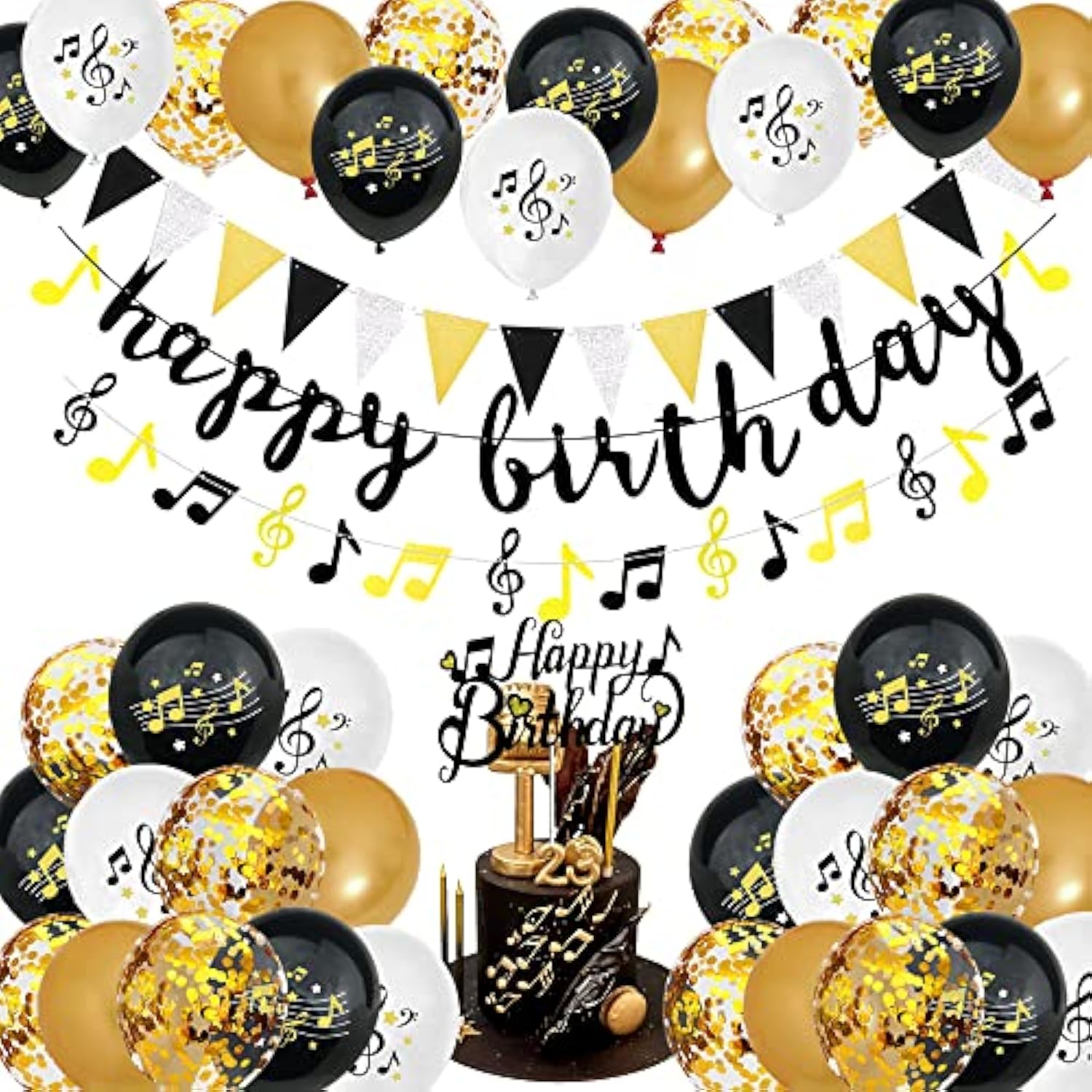 Party Decorations - Music Note Latex Balloons, Happy Birthday Cake Topper, Music Note Birthday Banner For Wedding Parties