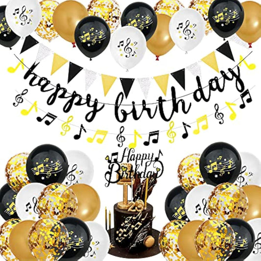 Party Decorations - Music Note Latex Balloons, Happy Birthday Cake Topper, Music Note Birthday Banner For Wedding Parties