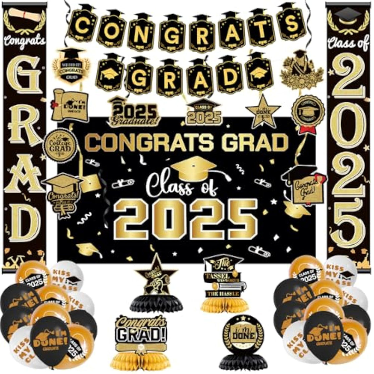 Graduation Decorations Class Of 2025 - Black And Gold Graduation Party Decorations With Congrats Grad Banner, Grad Backdrop, Porch Banner, Balloons, Centerpieces, Hanging Swirl For Grad Party
