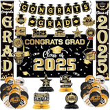 Graduation Decorations Class Of 2025 - Black And Gold Graduation Party Decorations With Congrats Grad Banner, Grad Backdrop, Porch Banner, Balloons, Centerpieces, Hanging Swirl For Grad Party