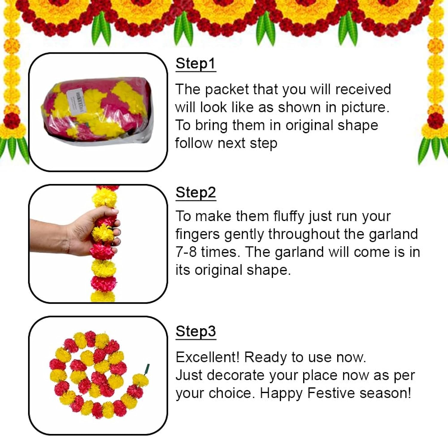 Artificial Marigold Garland For Decorations Pack Of 5 - Marigold Flowers Garland For Christmas Wedding Christmas Tree New Year Ornaments (Light Yellow Red | 4 To 4.5Ft)
