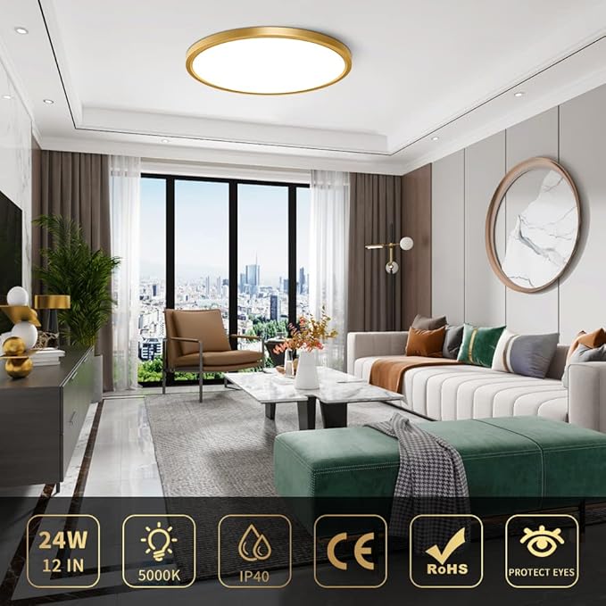 12 Inch Gold LED Ceiling Light 3200LM 5000K Flush Mount Modern Round Fixture