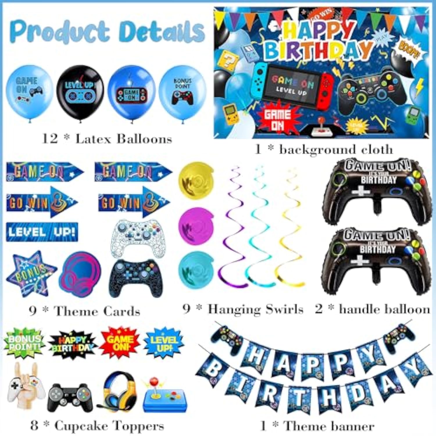 Video Game Birthday Decorations Balloons - 33 Pcs Banner Gaming Party Supplies Backdrop Game Controller Balloon Banner Cake Topper Hanging Swirls For Boys Child Birthday Party Game Theme Celebration