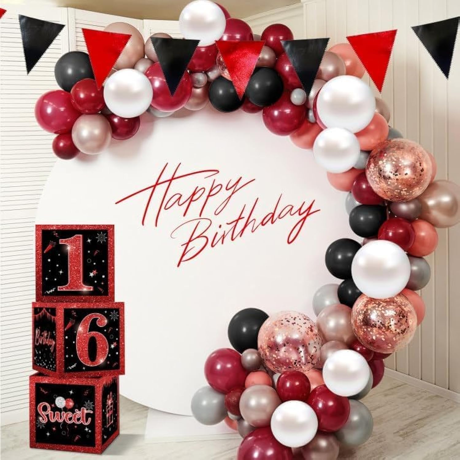 3 Pcs Happy 16Th Birthday Decorations Red Black Balloon Box For Boys Girls Sweet 16 Birthday Party Sixteen Year Old Theme Balloons Cardboard Boxes Gift Supplies Table Centerpieces Decor