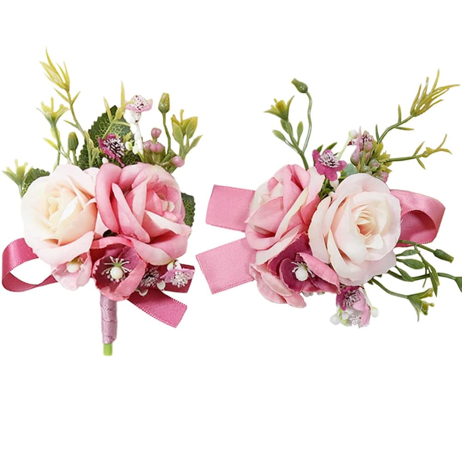 Artificial Corsage Boutonniere Set For Groom Bride Groomsmen Bridesmaids, Simulated Flowers Accessories Wedding Party Prom Suit Decorations-2 Pieces Of Dark Pink+Light Pink