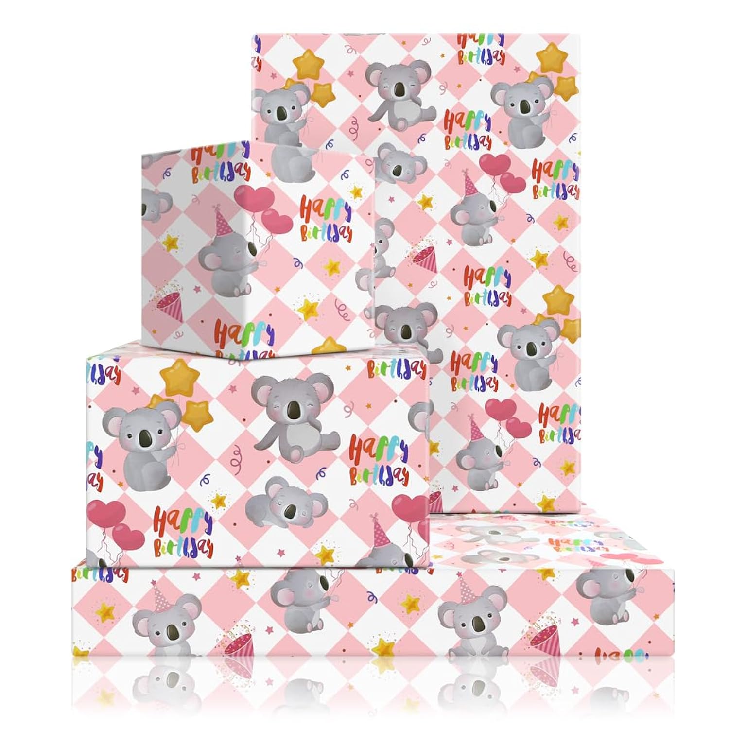 Koala Wrapping Paper For Happy Birthday Party, Lovely Koala With Heart Balloons Star Printed On Pink White Checkered Background Gift Wrap Paper - 4 Sheets Folded Flat - For Birthday, Holiday, Wedding