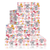 Koala Wrapping Paper For Happy Birthday Party, Lovely Koala With Heart Balloons Star Printed On Pink White Checkered Background Gift Wrap Paper - 4 Sheets Folded Flat - For Birthday, Holiday, Wedding
