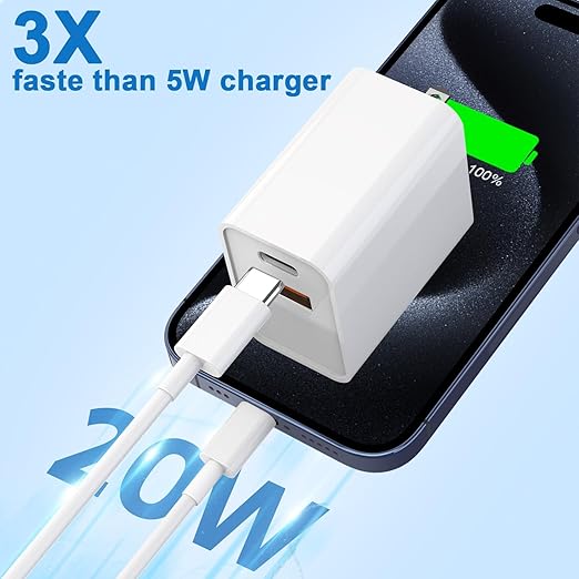 2 Pack 20W Dual Port USB C A Fast Charger with 10FT USB C to C Cable for iPhone