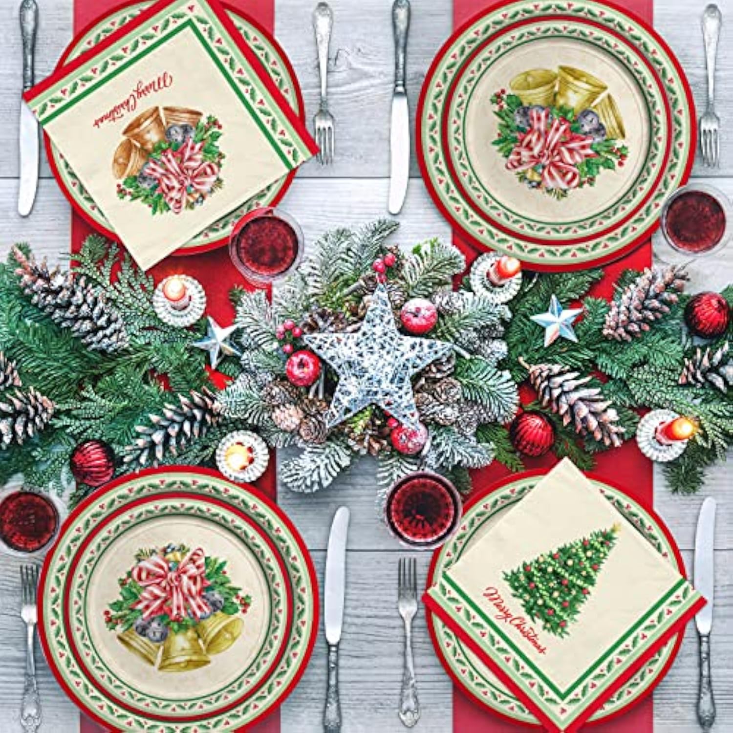 Christmas Party Supplies Kit, Serve 50, Christmas Tree Disposable Dinnerware Includes: Paper Dinner Plates, Dessert Plates, And Napkins, Great For Merry Christmas Party Decorations