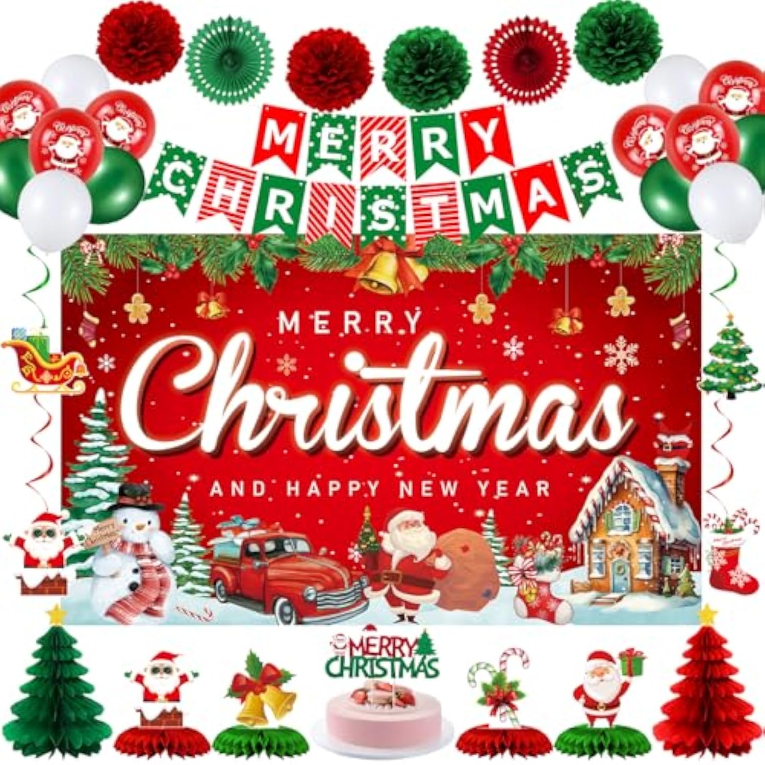 Red Christmas Party Decorations, 40Pcs Merry Christmas Birthday Party Supplies With Christmas Backdrop Banner, Cute Honeycomb, Hanging Swirl, Background For Xmas Eve Happy New Year