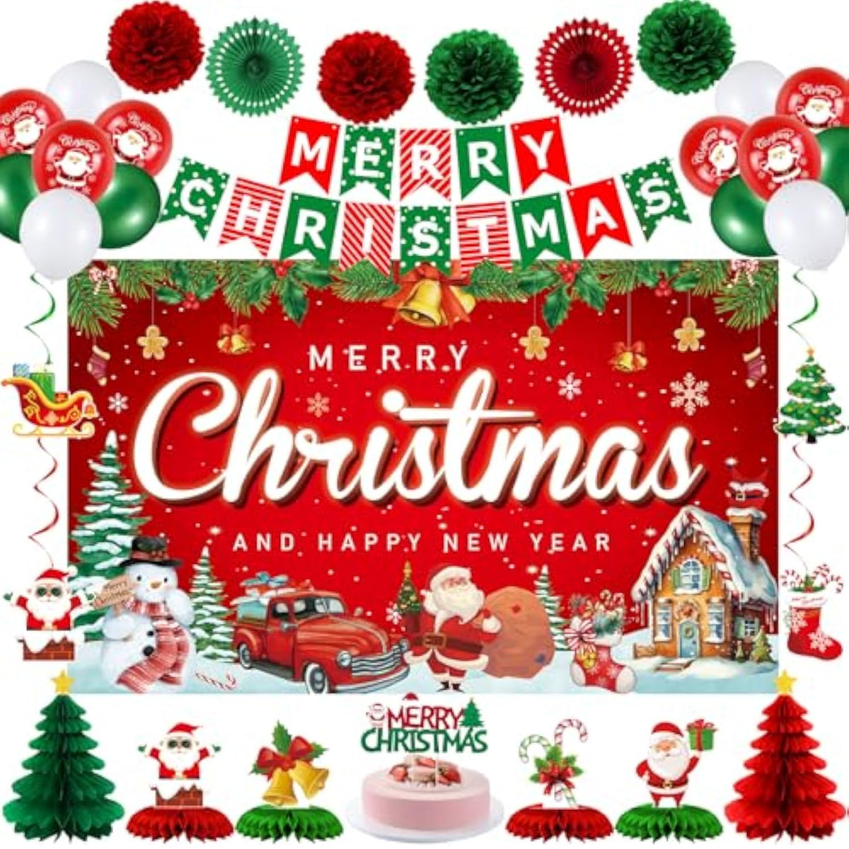 Red Christmas Party Decorations, 40Pcs Merry Christmas Birthday Party Supplies With Christmas Backdrop Banner, Cute Honeycomb, Hanging Swirl, Background For Xmas Eve Happy New Year