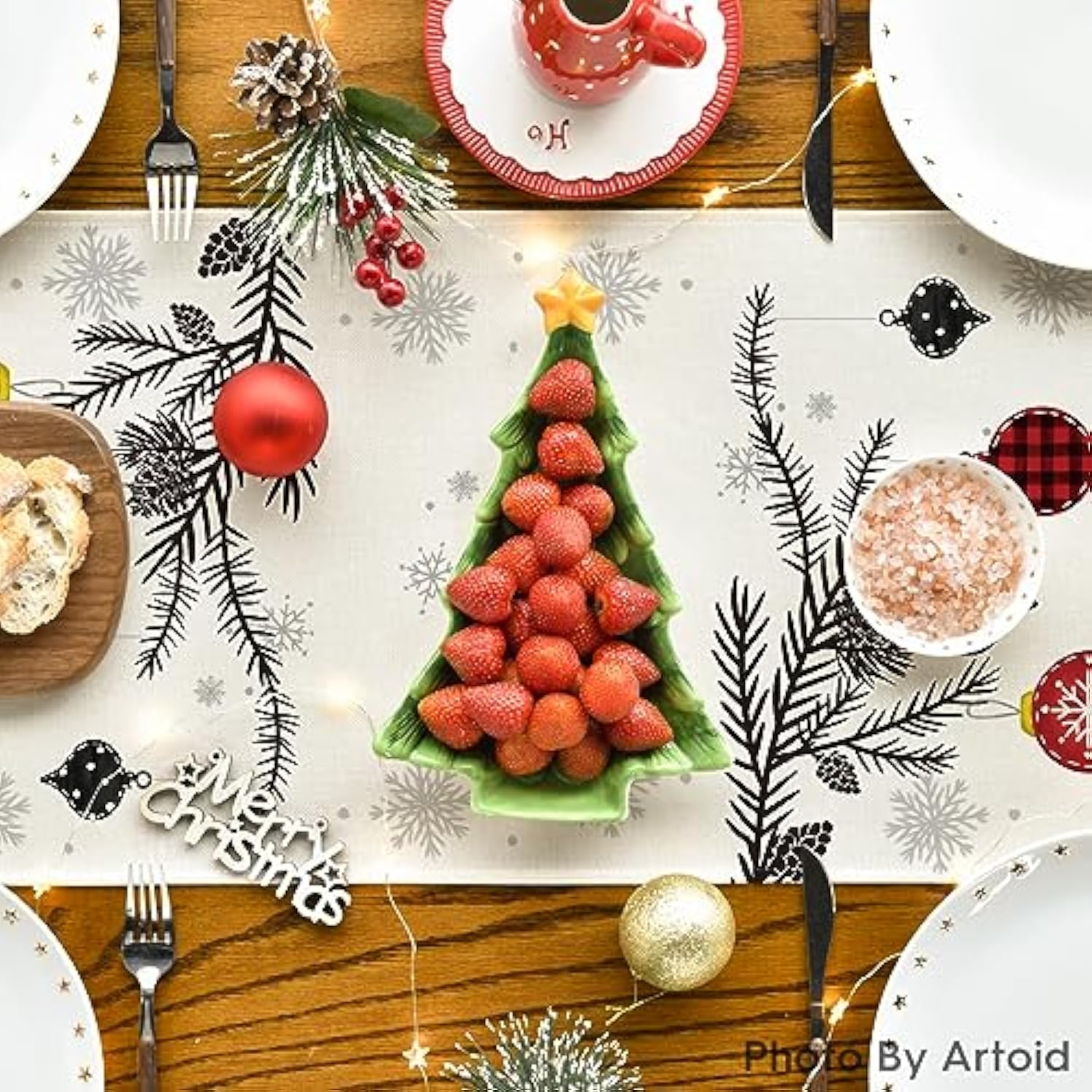 Red Pine Trees Merry Christmas Table Runner, Winter Xmas Holiday Kitchen Dining Table Decoration For Home Party Decor 13X72 Inch