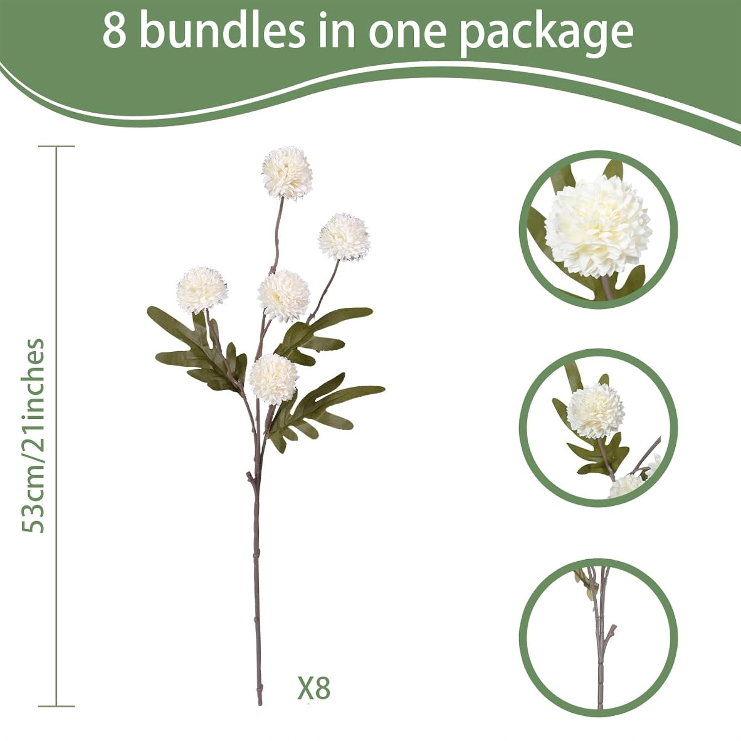 8 Pcs Long Stem Artificial Flowers Decoration, White Ivory Fake Pom Pom Kiku Flower, Mini Faux Chrysanthemums For Floral Arrangemengts, Small Silk Florals Decor, Tall Vase Flower Filler