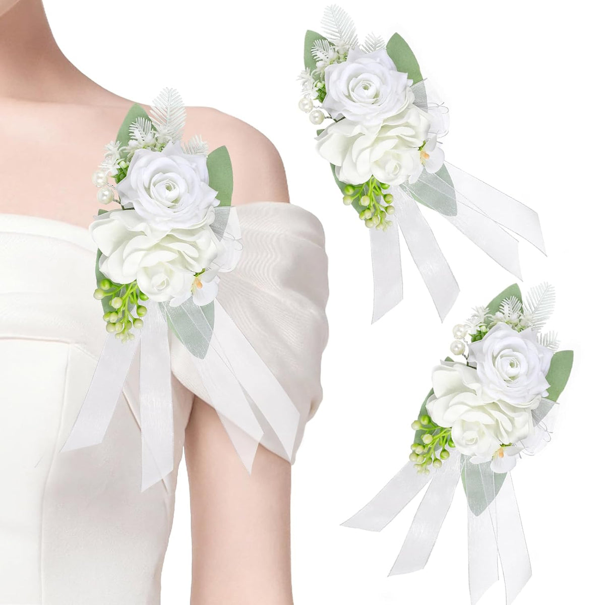 Shoulder Corsages Set Of 2, Mother Of The Bride Corsage White Rose Artificial Shoulder Flowers For Wedding Ceremony, Anniversary, Formal Dinner Party, Prom Decoration