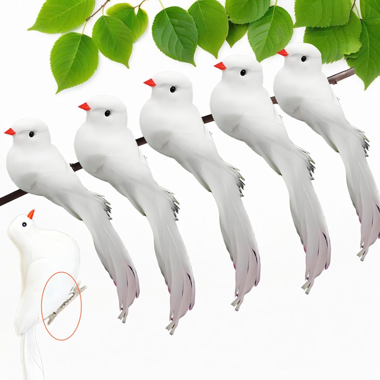 5.5-Inch Large-Feathered Artificial Birds, 12 Pcs Of White Peace Doves - Artificial Birds, Suitable For Weddings, Christmas Trees, Flower Arrangements And Garden Decorative Handicrafts (Clip 12Pcs)