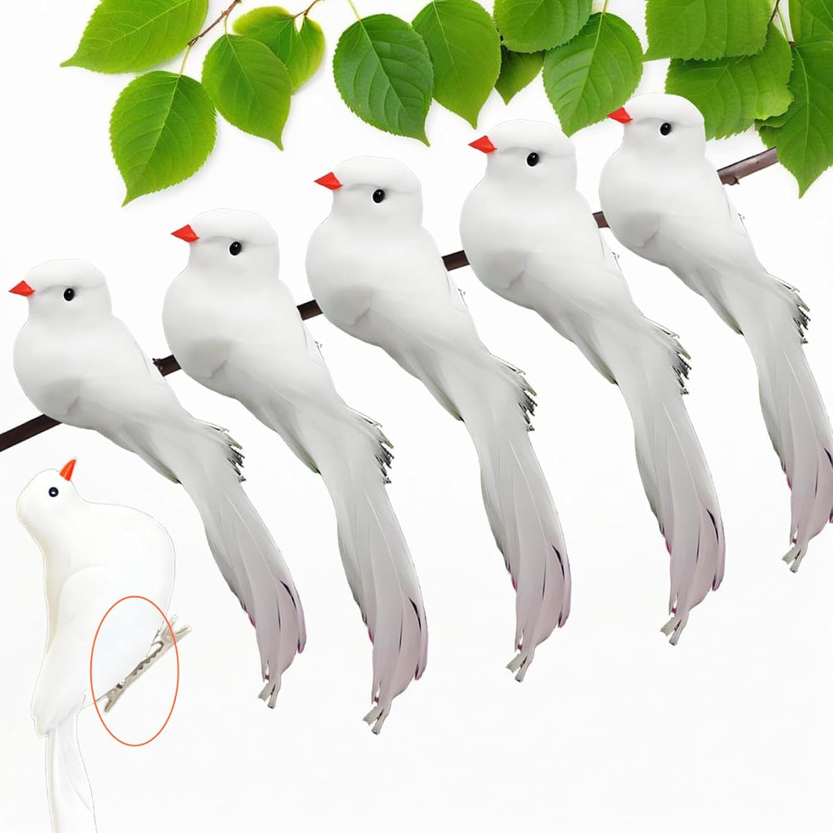 5.5-Inch Large-Feathered Artificial Birds, 12 Pcs Of White Peace Doves - Artificial Birds, Suitable For Weddings, Christmas Trees, Flower Arrangements And Garden Decorative Handicrafts (Clip 12Pcs)