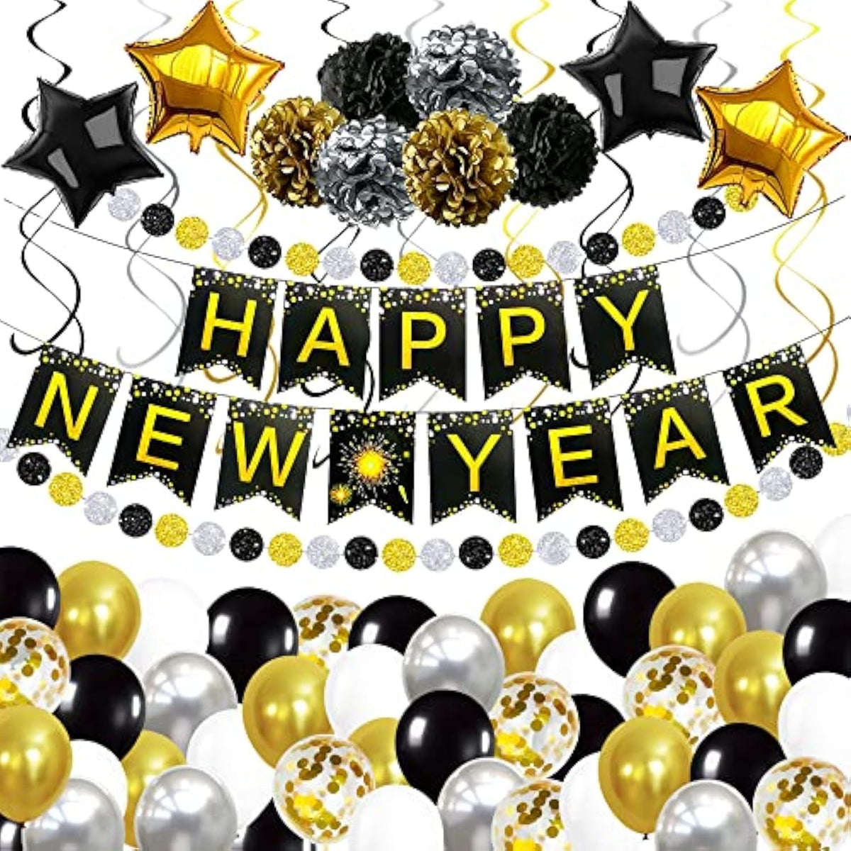 New Year’s Eve 2026 Party Supplies Big Pack 70 with Swirls Pompoms Decor