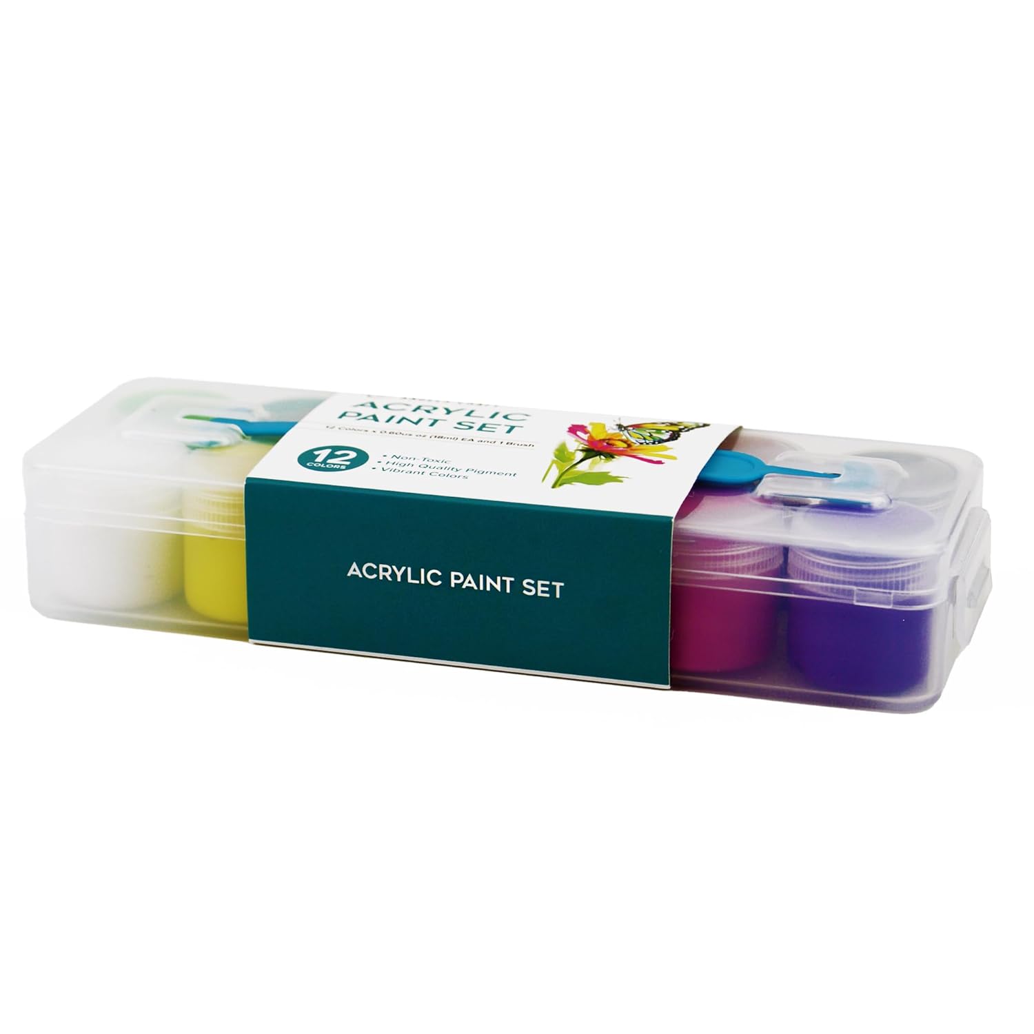 12 Colors Acrylic Paint Set With Clear Handling Case And Brush - Vibrant Non-Toxic Art Craft Painting Supplies For Artists Beginners - Ideal For Various Surfaces