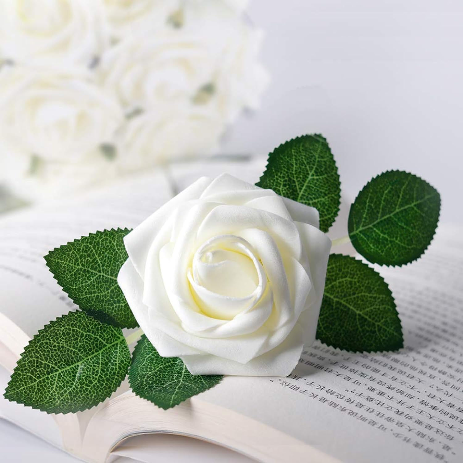 50Pcs White Rose Artificial Flowers, Ivory Roses For Decorations, Real Touch Fake Rose With Stems Bulk Diy Wedding Bouquet Bridal Shower Valentine'S Day Floral Arrangement Party Home Decor