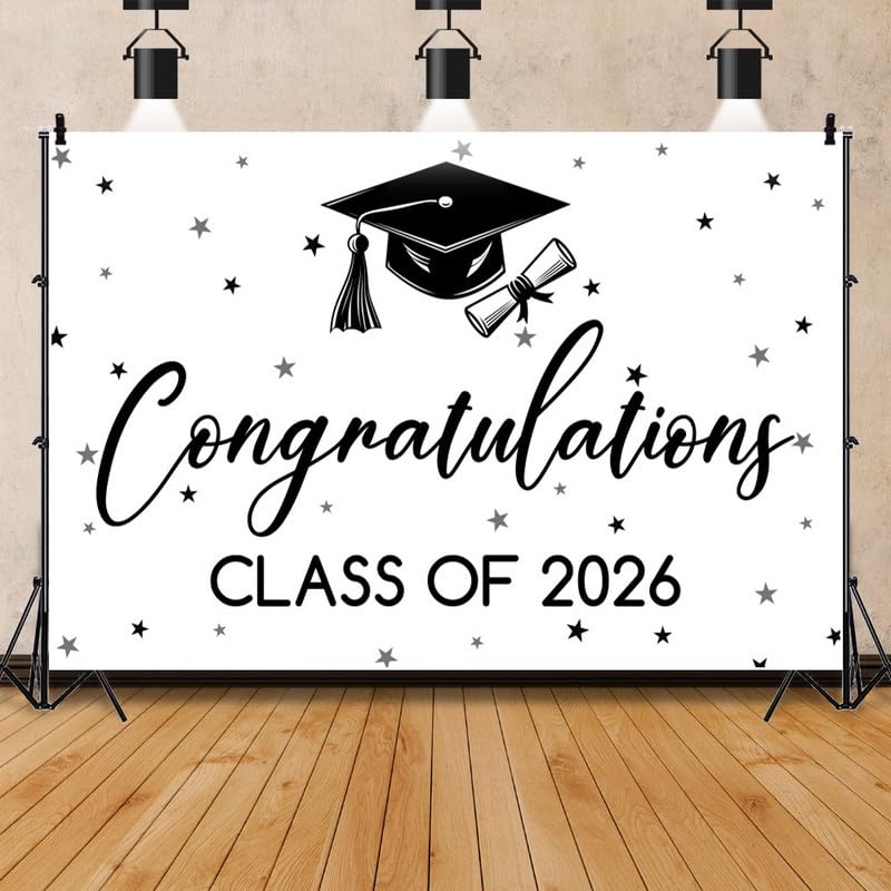 Graduation Photo Backdrops for Photoshoot Black White Background Banner High School College Ceremony Decorations Congrats Grad Party and Classroom Decor 10 * 8ft
