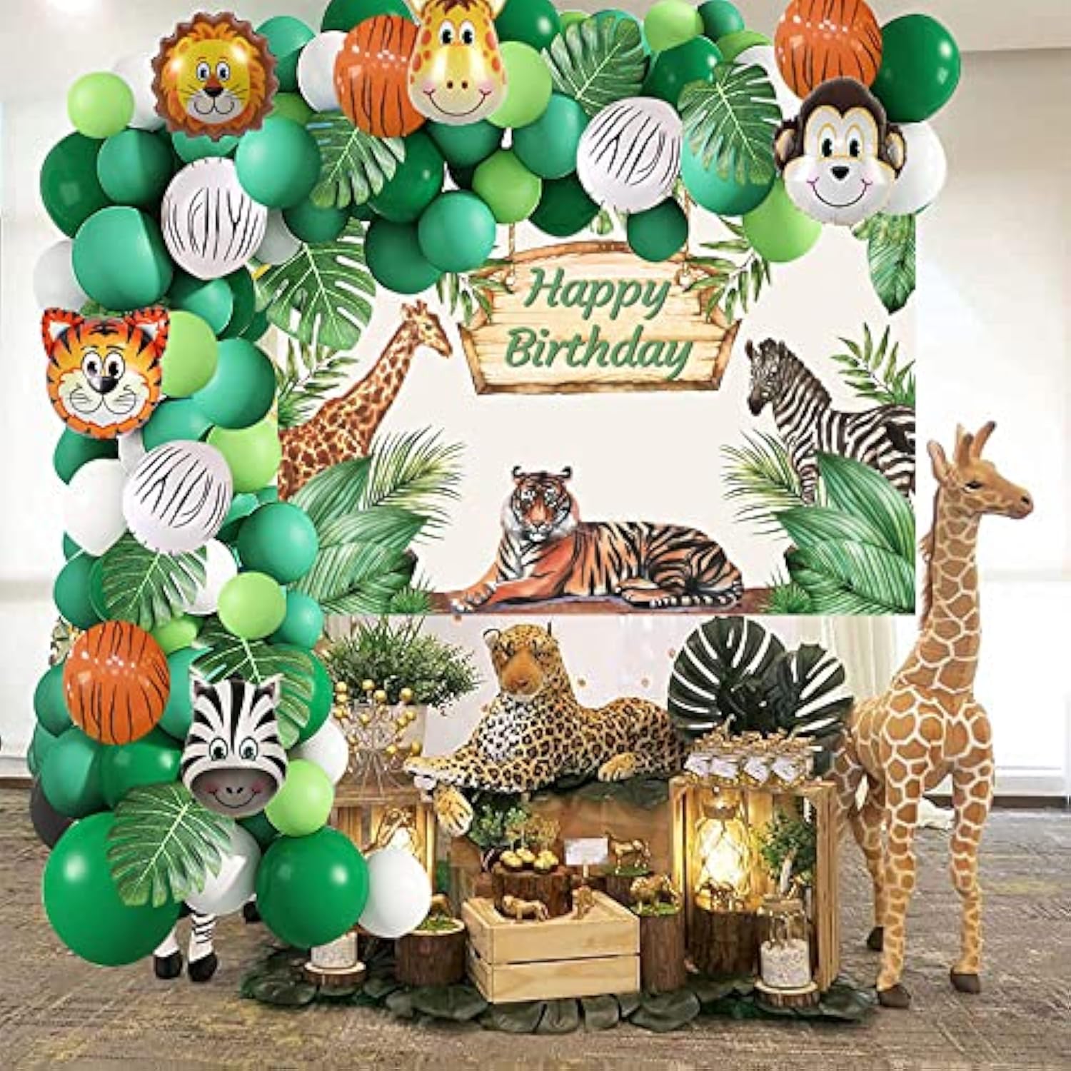 Safari Birthday Decor Set Jungle Backdrop, Animal Balloons & Green Garland