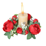 Valentine'S Day Candle Rings Wreaths Red Roses Green Leaves Artificial Flowers Wedding Centerpieces Garland Candle Ring Holder For Party Home Table Valentine Decoration