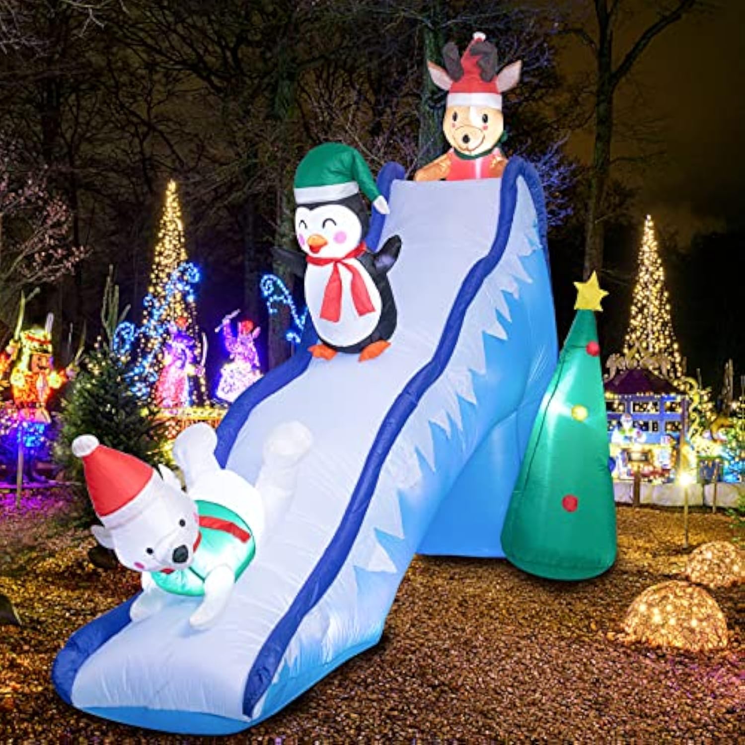 10 Ft Christmas Inflatables Outdoor Decorations, Funny Christmas Inflatables Slide With Penguin, Polar Bear, Reindeer Bl