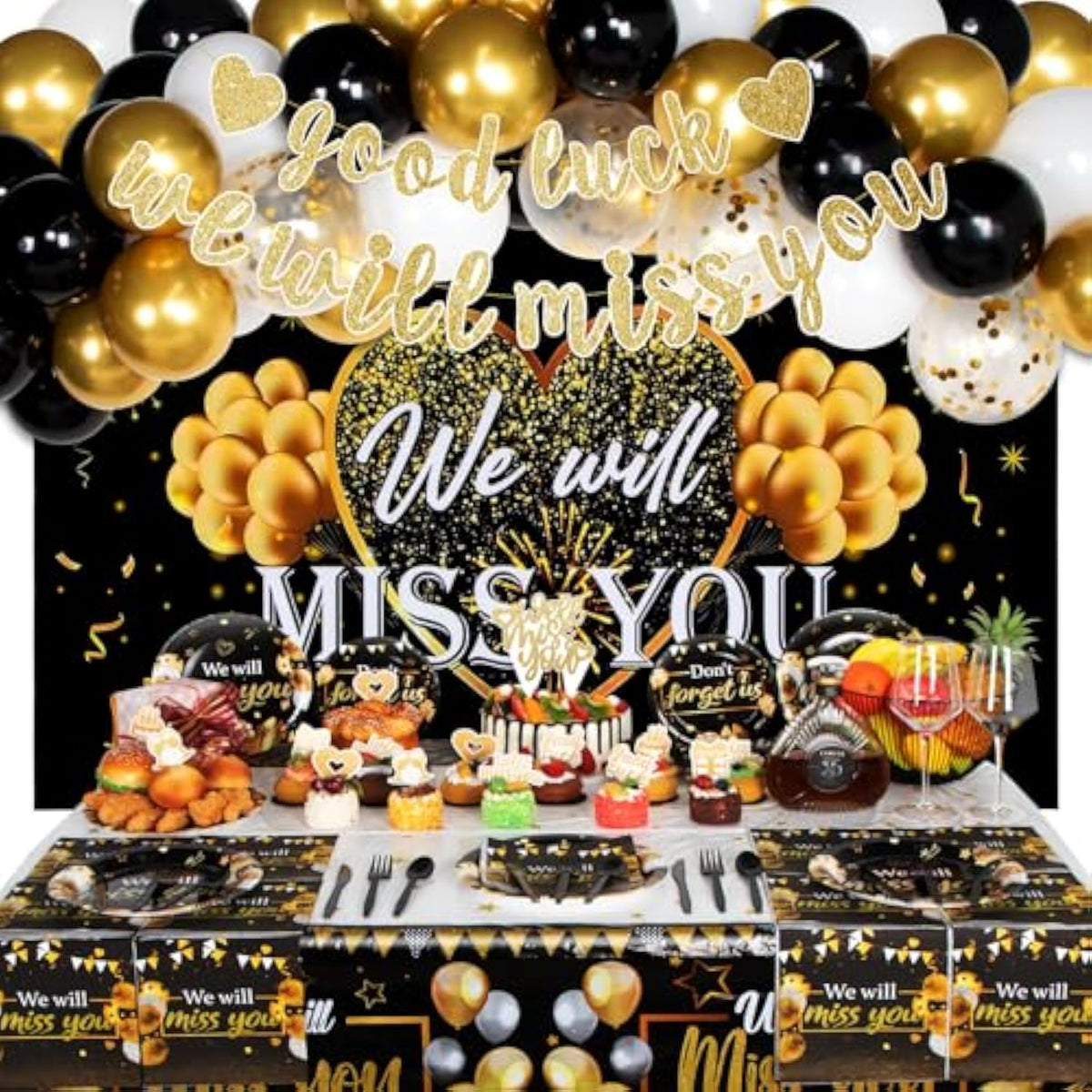We Will Miss You Decorations, Going Away Party Decorations, Farewell Decorations Party Includes Black & Gold Balloons, Backdrop, Banner, Tablecloth, Plates, Napkins, Cake Toppers For Retirement