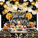 We Will Miss You Decorations, Going Away Party Decorations, Farewell Decorations Party Includes Black & Gold Balloons, Backdrop, Banner, Tablecloth, Plates, Napkins, Cake Toppers For Retirement