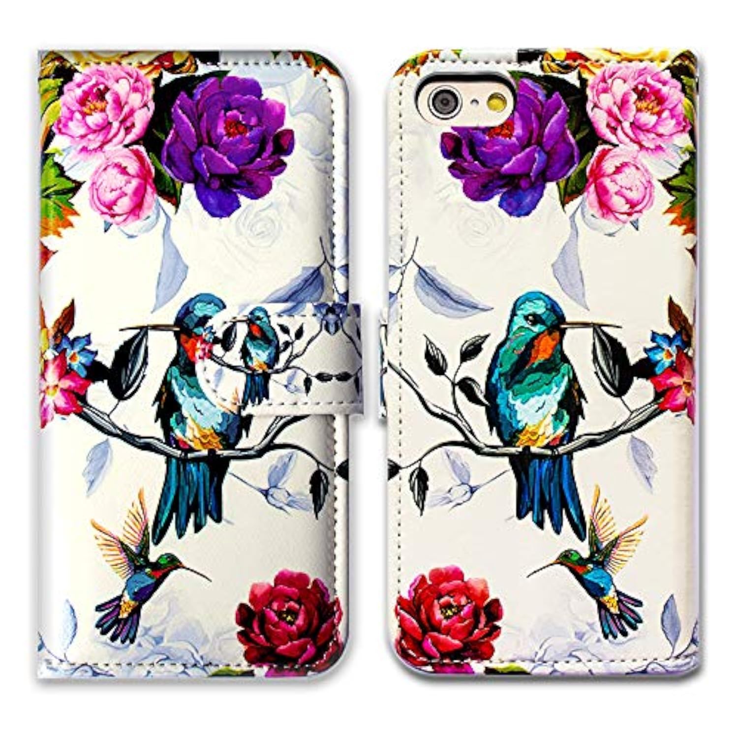 Leather Flip Wallet Case Cover for iPhone SE 2022, iPhone SE 3rd Gen, iPhone SE 2020, iPhone 8, iPhone 7 - Hummingbird in Flowers Design