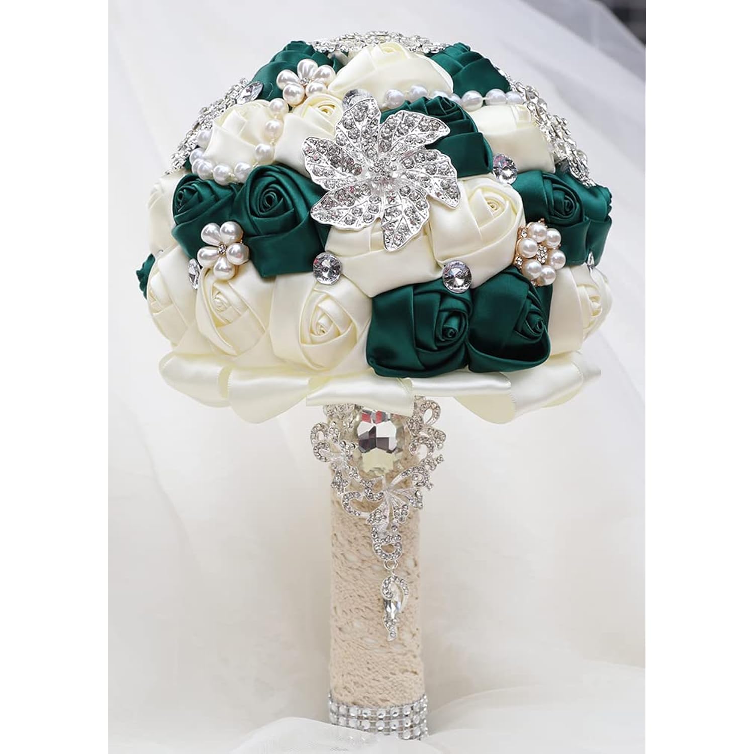 7.9 Inch Handmade Satin Rose Bridal Bouquet Toss Round Wedding Bouquet Throw Toss Artificial Flower Bunch Deep Green + Ivory