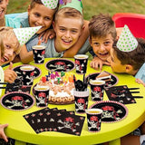 Pirate Party Supplies, Red Pirate Themed Party Decorations Skull Corssbone Pirate Birthday Party Favors For Kids Boys Tableware Set, 9 Inch Paper Plates Napkins Cups Cutlery, Serves 24, 144Pcs