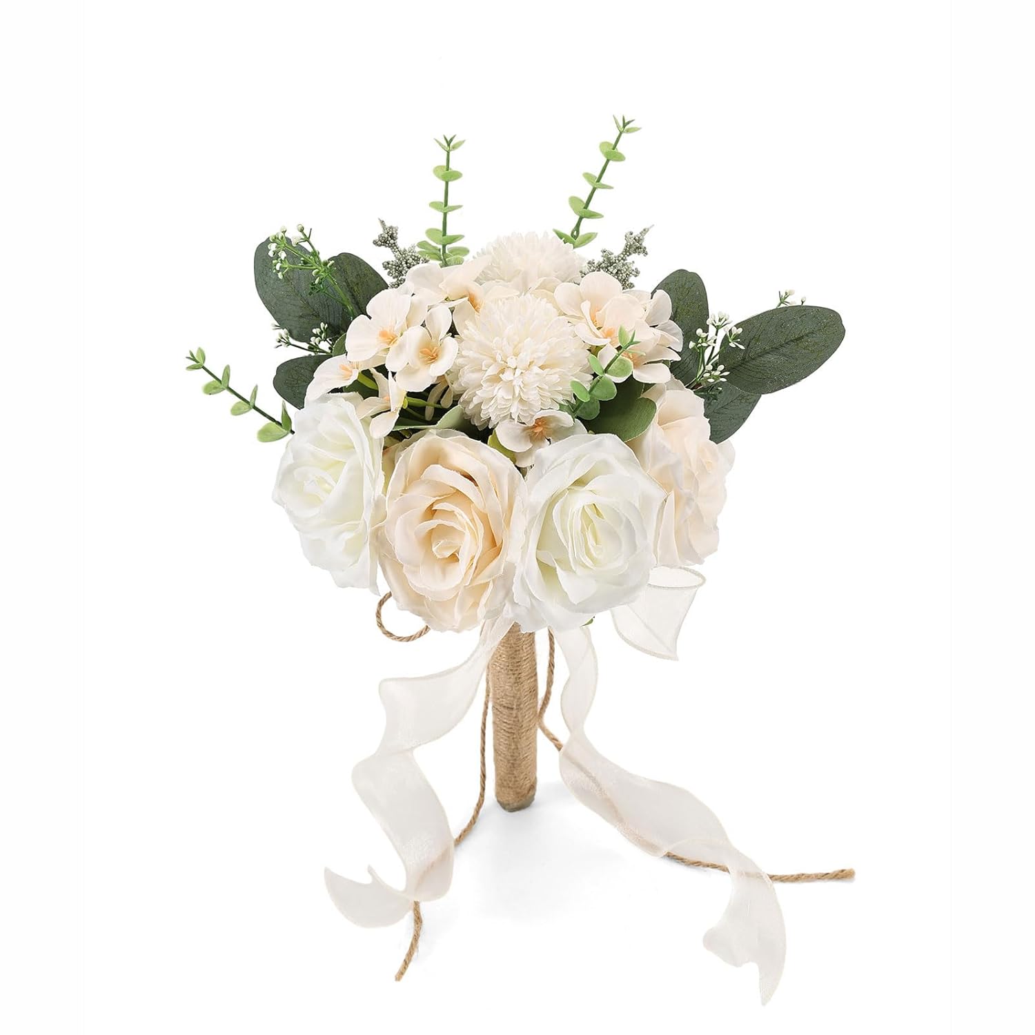 9.5In Wedding Bouquets For Bride Bridesmaid, Champagne Roses White Artificial Flowers Toss Bouquet For Wedding Party Church Decoration