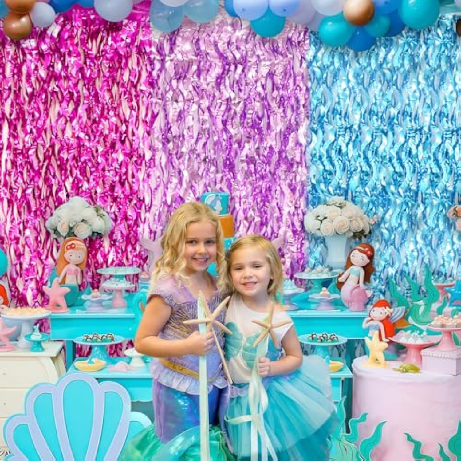 3 Pack Wavy Foil Fringe Curtain, Pink Purple Blue Streamers Water Beach Backdrop For Mermaid Theme Birthday Decorations Under The Sea Party Decorations, Summer Holiday Party, 3.3X6.6 Feet