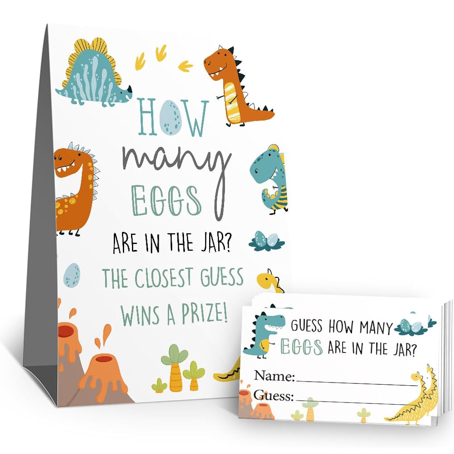 Baby Shower Games Guess How Many Eggs Sign(1 Standing Sign-50 Guessing Cards) Dinosaur Theme Party Activities Decorations Game Cards Kit For Baby Showers, Newborn Parties, Birthdays Decorations-34