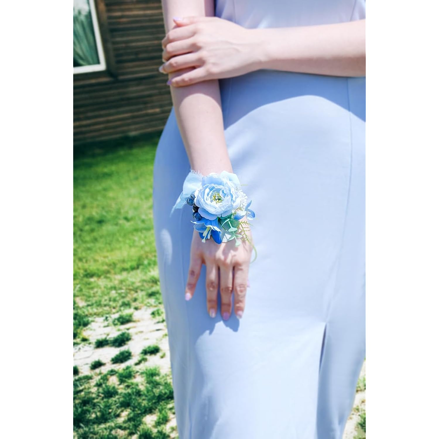Light Blue Peony Corsage And Boutonniere Set, Prom Artificial Flower Wrist Corsage Bracelets, Homecoming Corsage Wristlet, Boutonniere For Men Wedding Flowers Accessories Prom Suit Decorations