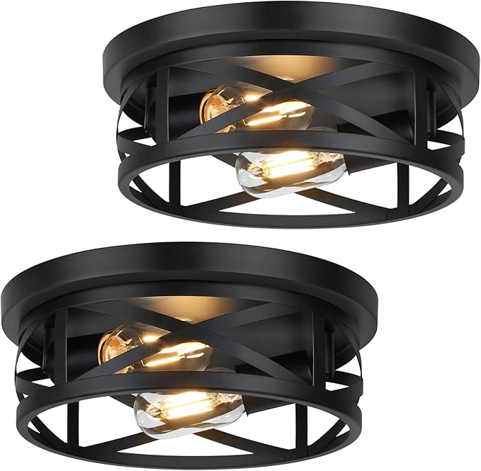 2 Pack Farmhouse Black Ceiling Lights Adjustable Metal Cage Flush Mount Fixtures