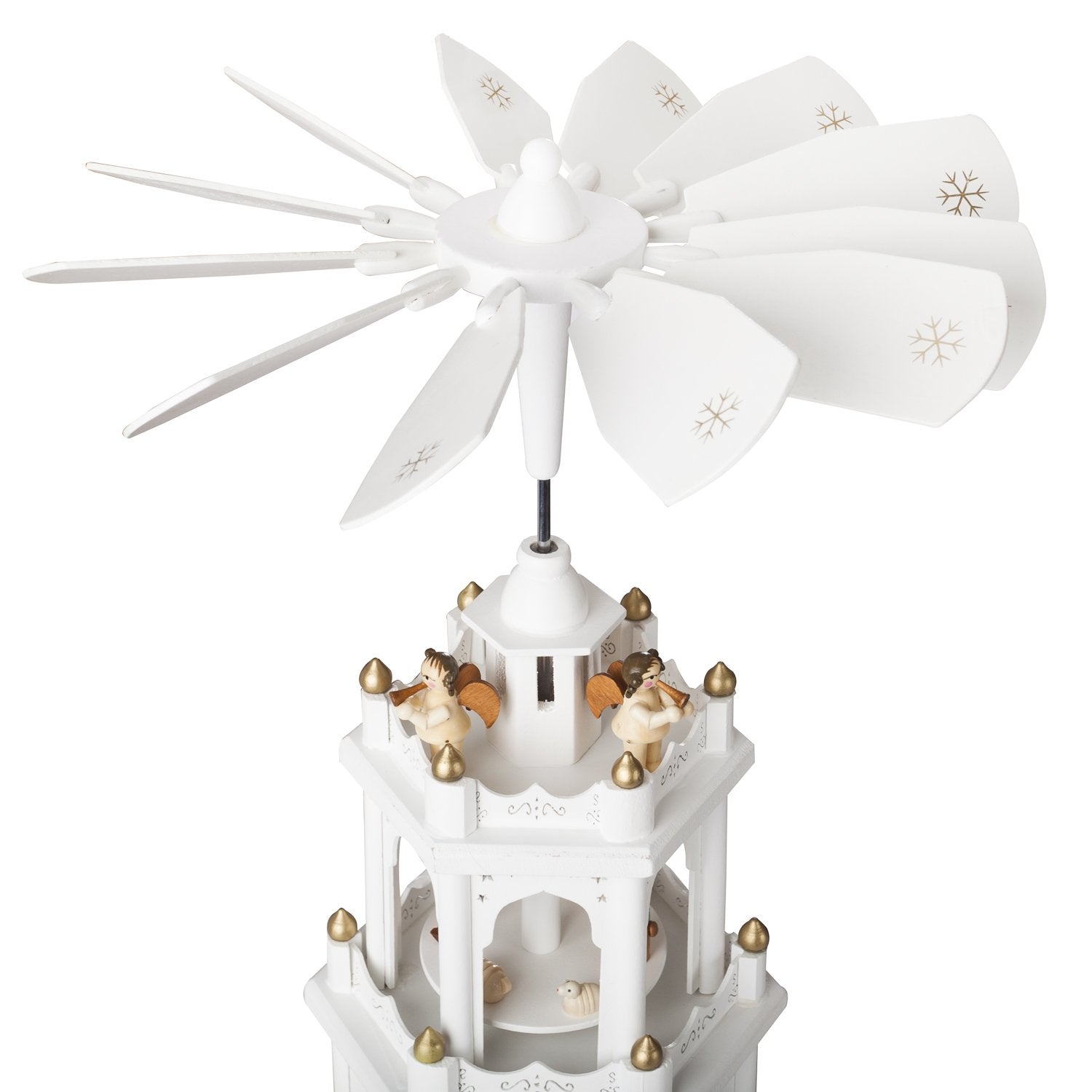 Christmas Pyramid - 18 Inches - White - Wooden Nativity Play - 3 Tier Carousel With 6 Candle Holders - Designed In Germany