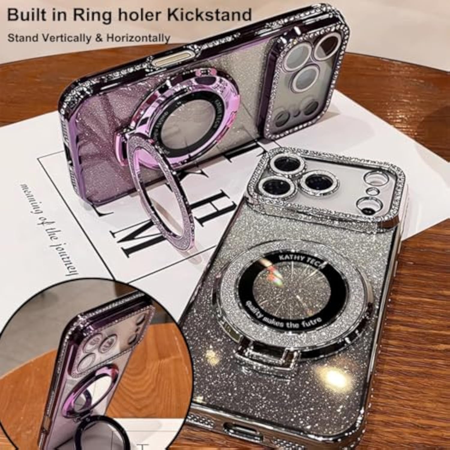 iPhone 17 Pro Max Magnetic Kickstand Case with Bling Glitter Diamond Rhinestone Ring Holder Camera Protector for Women