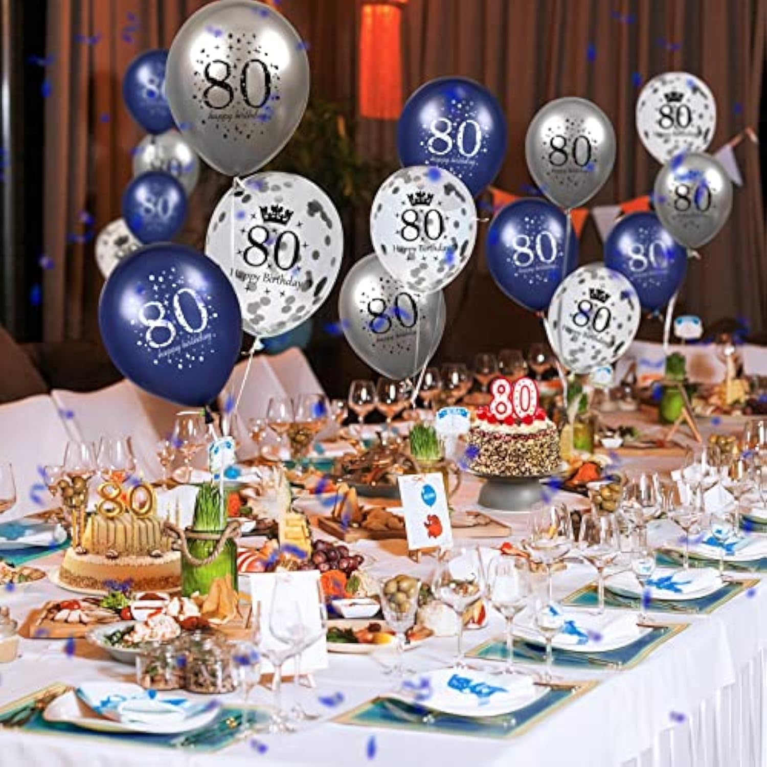 80th Birthday Balloon Set: Navy, Silver & Confetti - 15 Piece Party Decor
